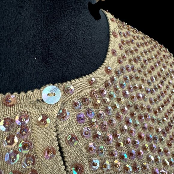 Joseph A. NWT Vintage Silk Dark Tan Sequined 3/4 Sleeve Button Cardigan Medium - Picture 5 of 5
